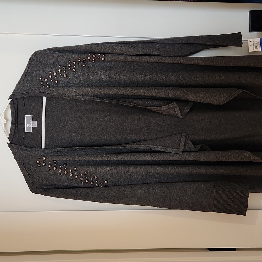Macy's JM Collection Studded Gray Flyaway Cardigan, Open Cascade Front
